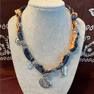 Black and Rust Boho Silky Charm Necklace with Silver-Tone Western Pendants